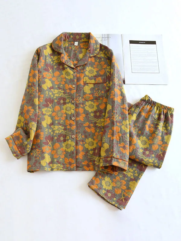 2Pcs Crepe Vintage Floral Pajamas