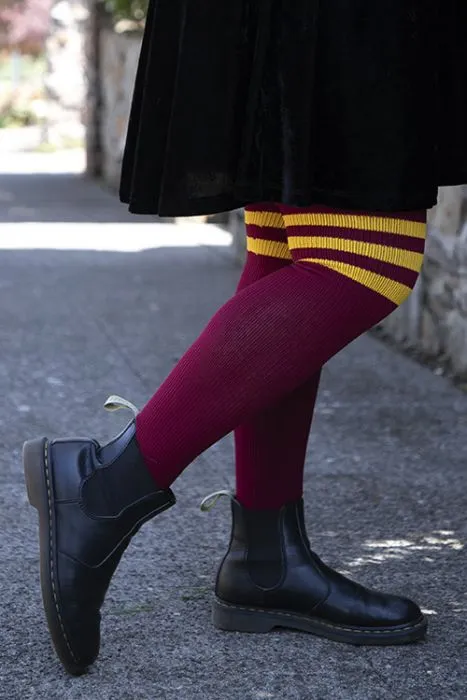 Americana Preppy Thigh High Socks - Wine with Gold