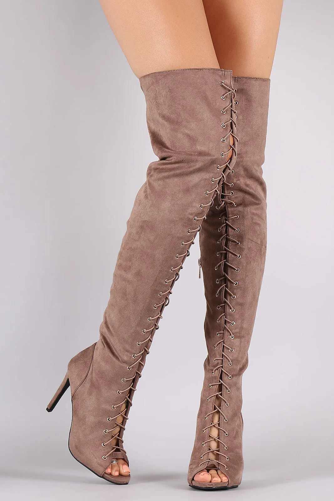 Anne Michelle Over The Knee Open Toe Lace Up Boot