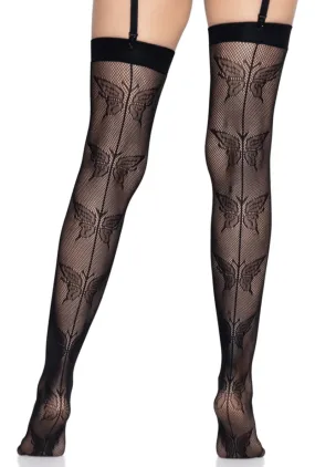 Black Butterfly Back Seam Thigh Highs