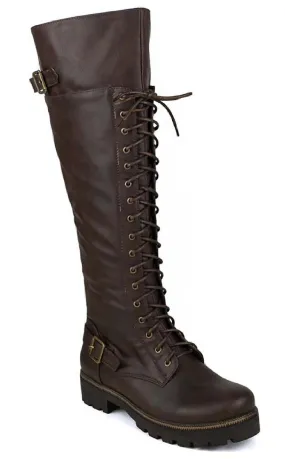 Brown Buckled Combat Lace Up Lug Sole Knee High Vegan Leather Boots