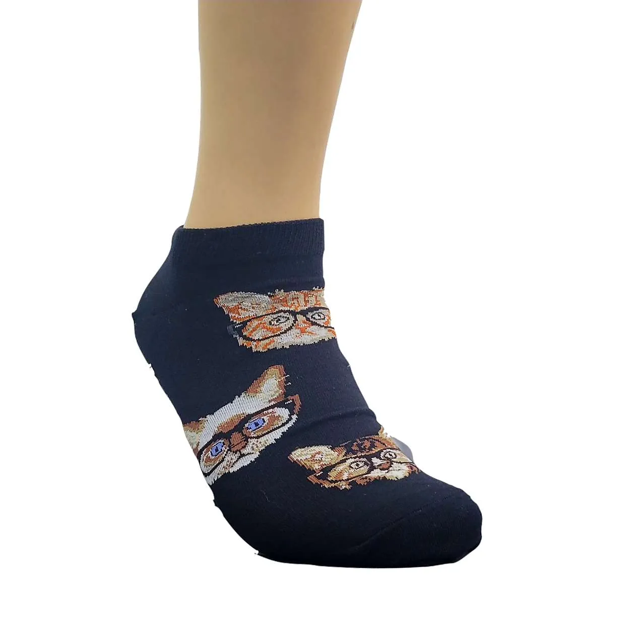 Cat Wearing Glasses Patterned Ankle Socks (Adult Large - Men's Shoe Sizes 8-12)