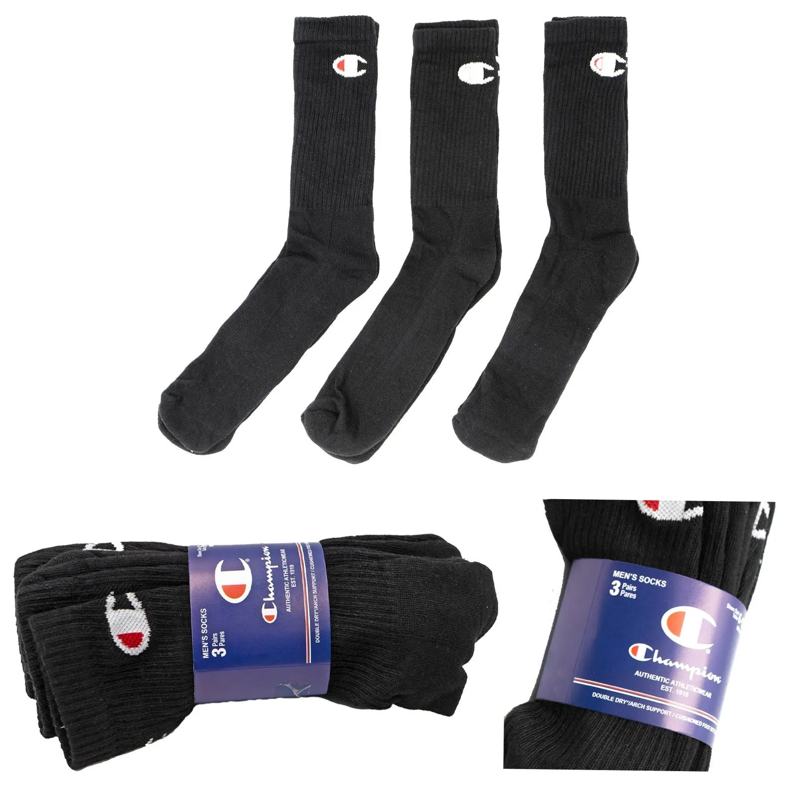 Champion Men's 3-Pack Rib Black Long Socks Size 6-12