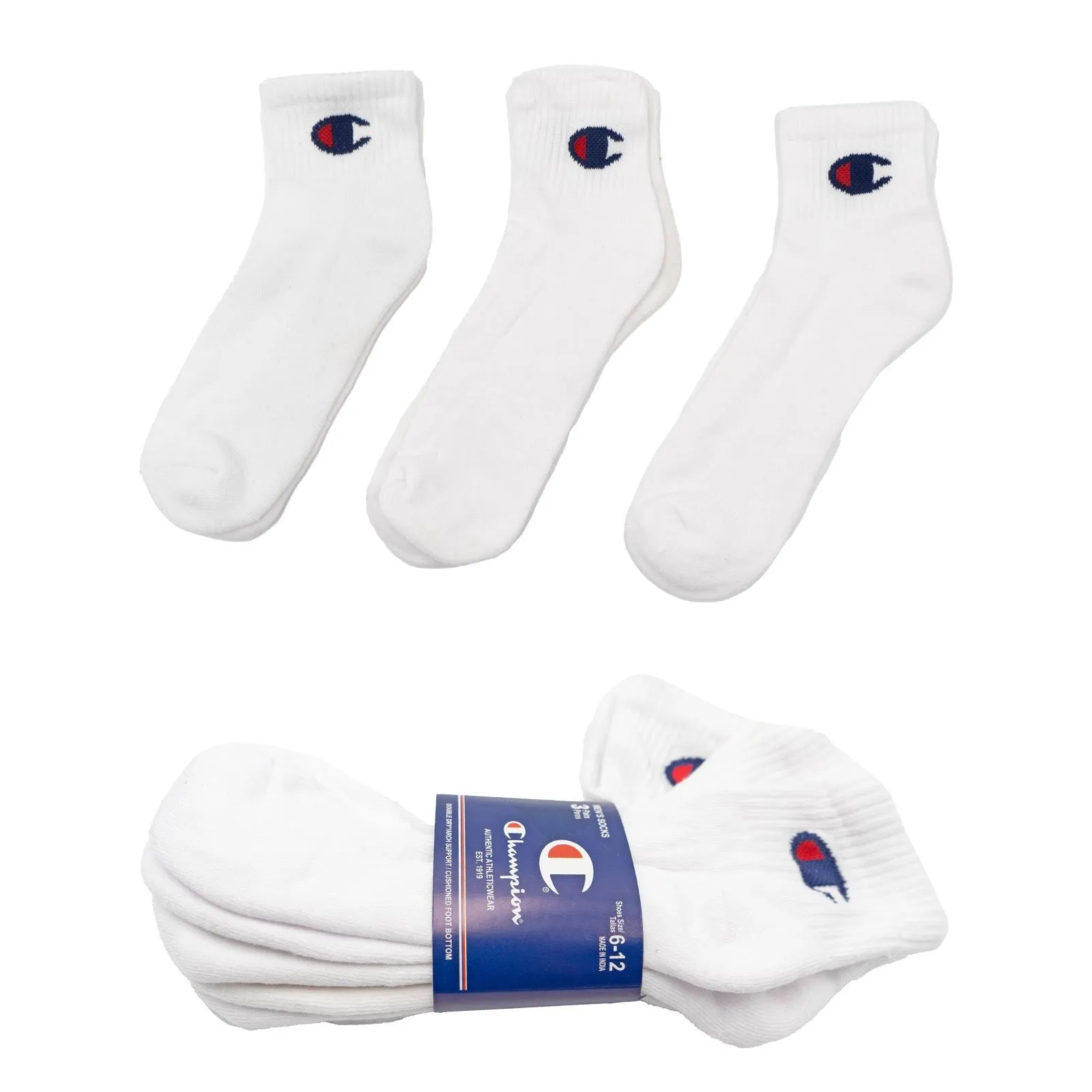 Champion Men's 3-Pack Sports Rib White Ankle Low Cut Socks Size 6-12