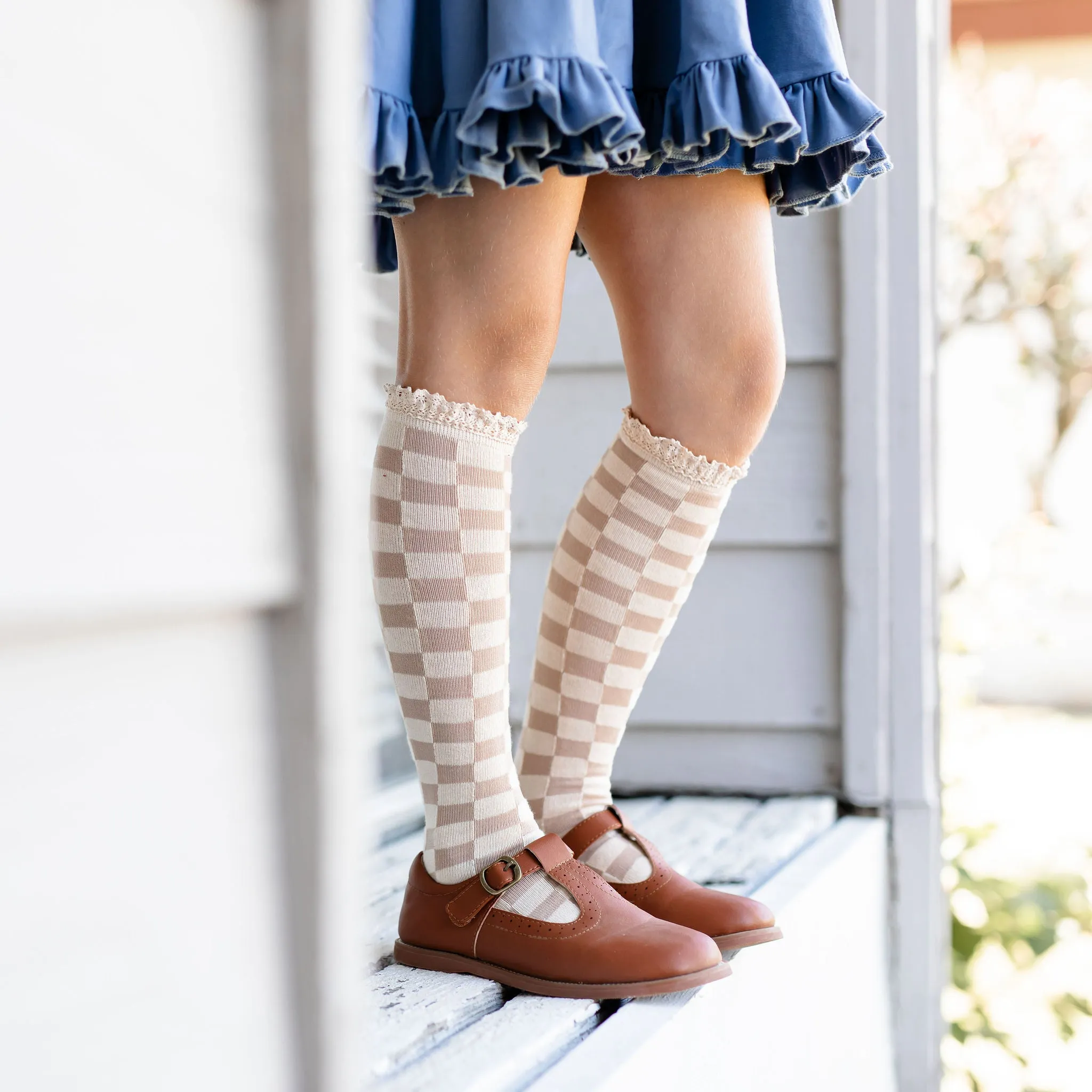 Checkered Lace Top Knee High Socks - Vanilla/Oat