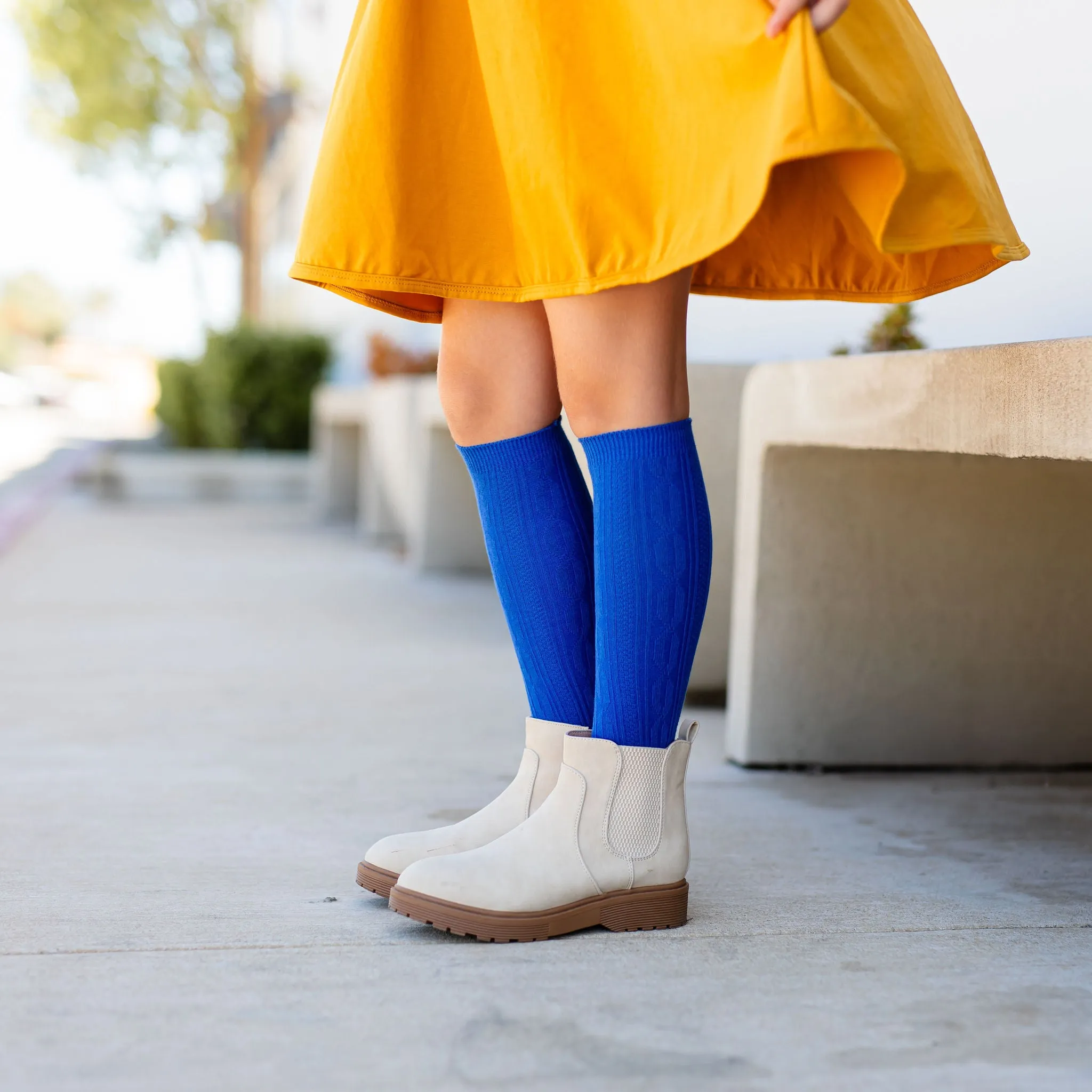 Classic Blue Cable Knit Knee High Socks