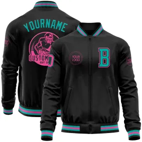 Custom Black Aqua-Pink Bomber Varsity Letterman Zipper Jacket