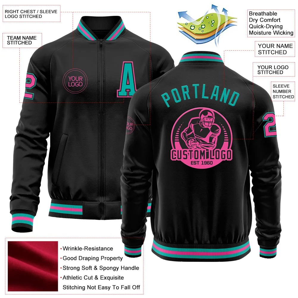 Custom Black Aqua-Pink Bomber Varsity Letterman Zipper Jacket