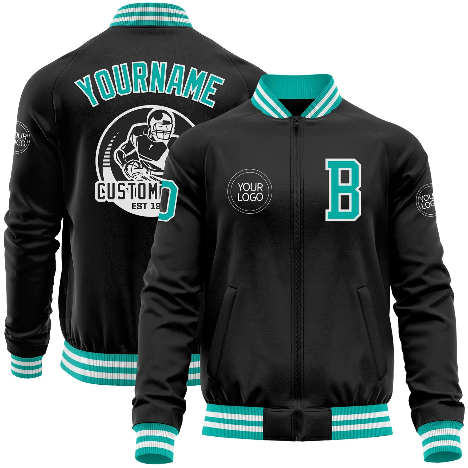 Custom Black Aqua-White Bomber Varsity Letterman Zipper Jacket