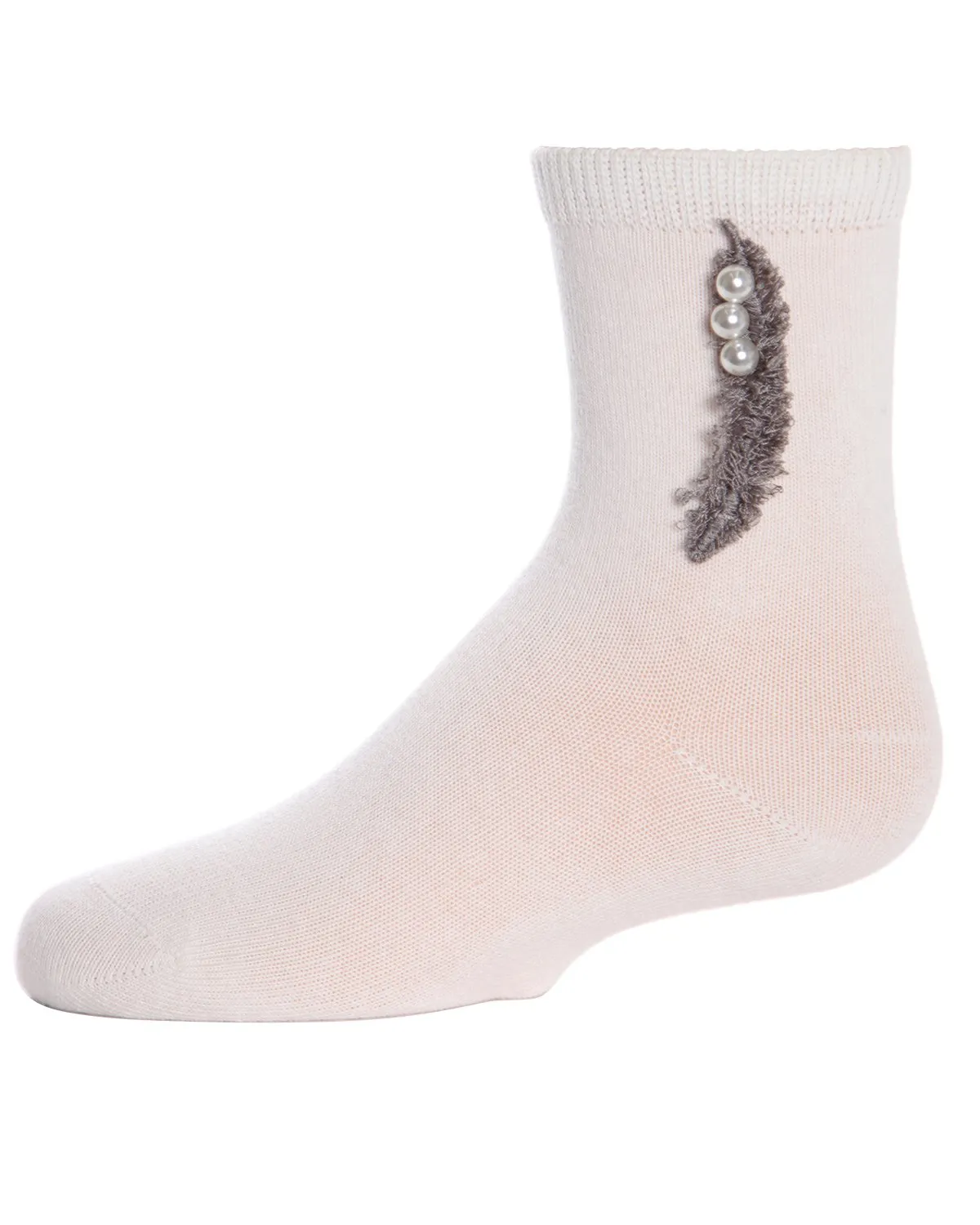 Feathery Combed Cotton Faux Pearl Girls Crew Socks