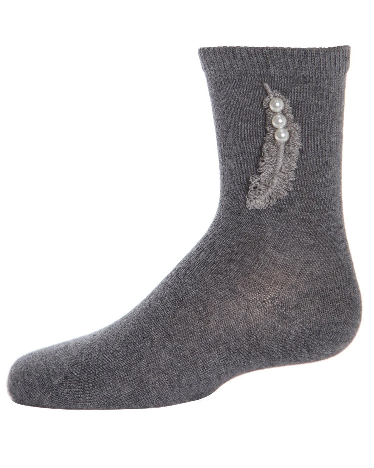 Feathery Combed Cotton Faux Pearl Girls Crew Socks