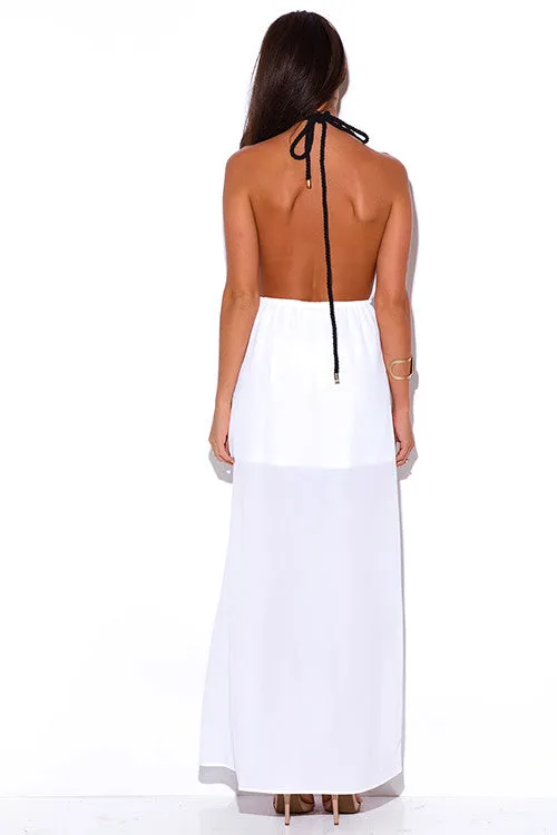 FINAL SALE-WHITE CUT OUT SLIT ROPE HALTER WRAP NECK BACKLESS EVENING MAXI SUN DRESS