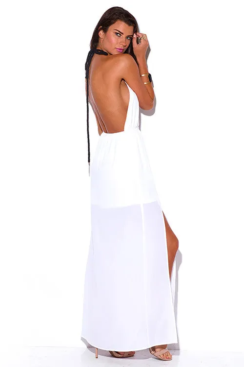 FINAL SALE-WHITE CUT OUT SLIT ROPE HALTER WRAP NECK BACKLESS EVENING MAXI SUN DRESS