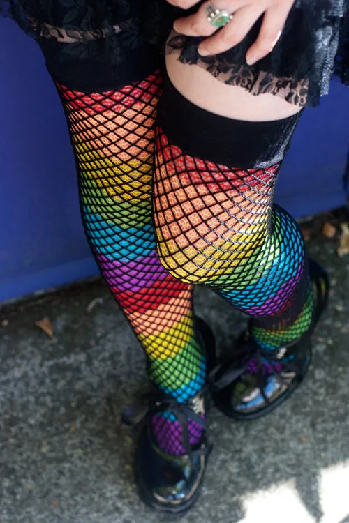 Fishnet Overlay Rainbow Thigh High