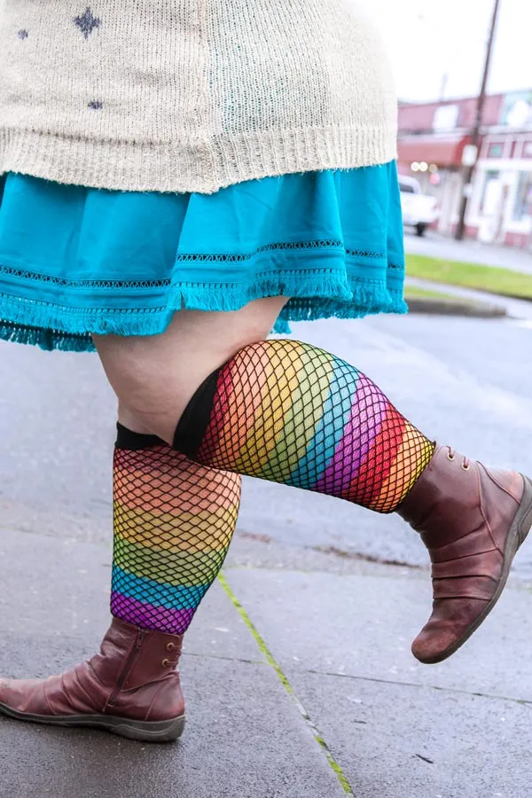 Fishnet Overlay Rainbow Thigh High