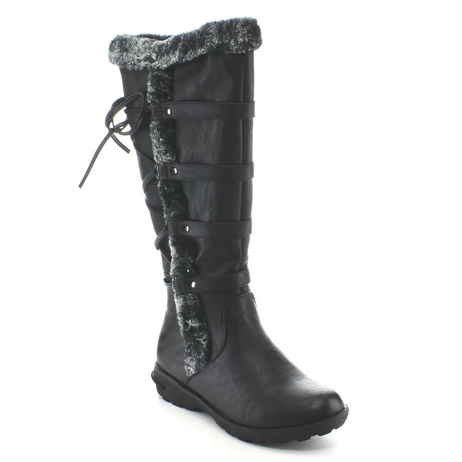 Fur Trim Back Lace Up Knee High Boots Winter Boots Womens