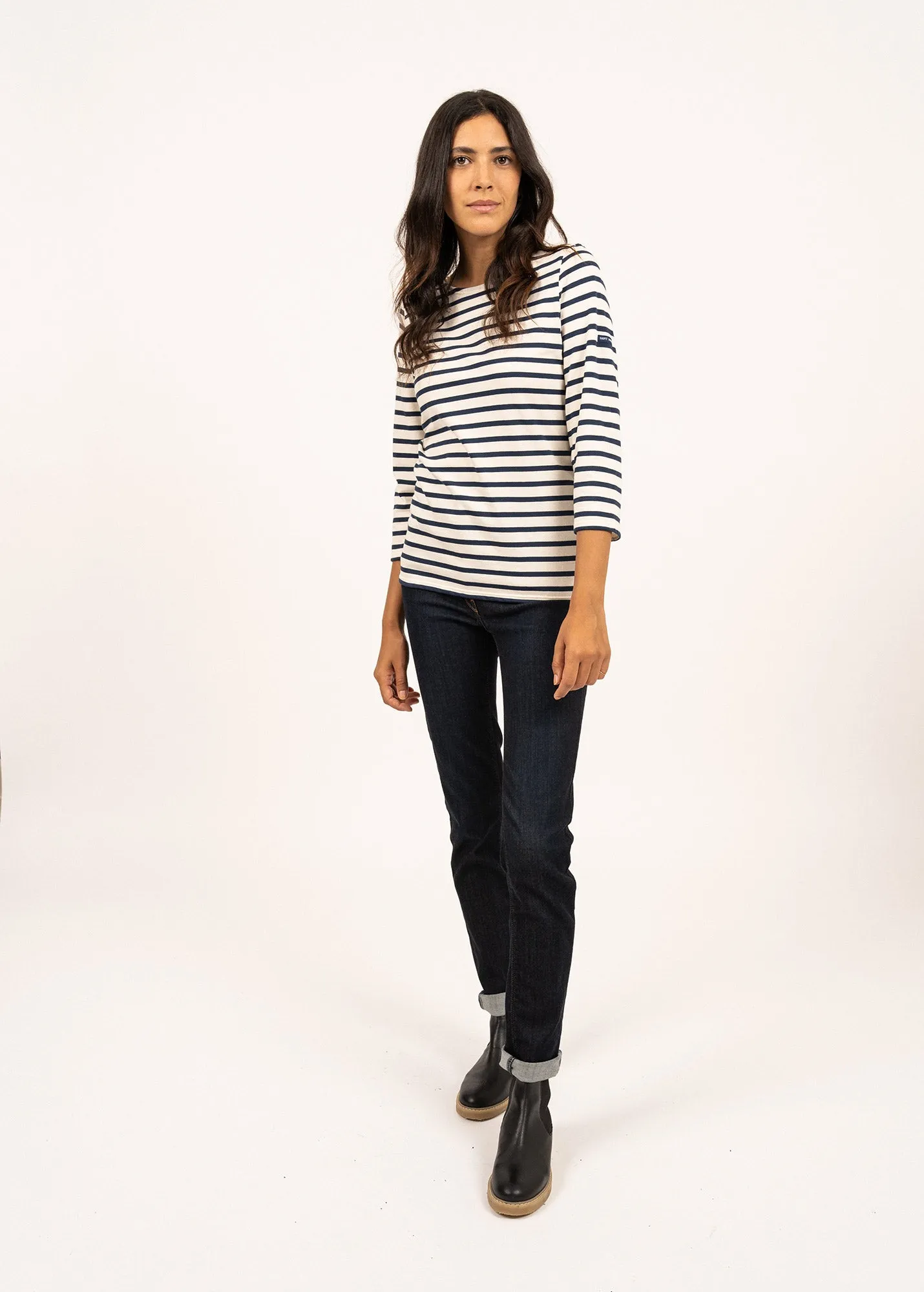 GALATHEE II - Breton Striped Top with ¾ Sleeve | Soft Cotton | Women Fit (ECRU / NAVY)