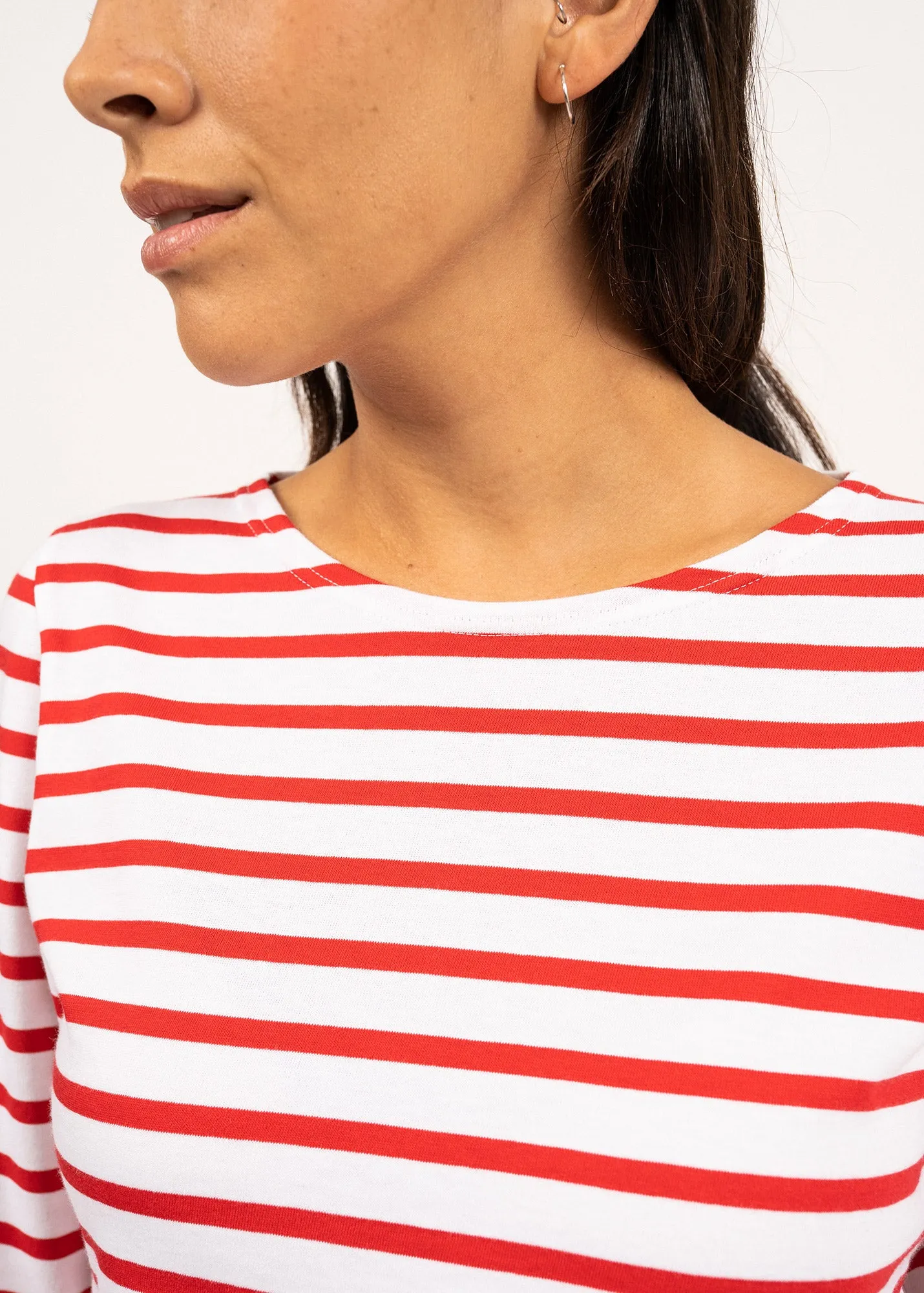 GALATHEE II - Breton Striped Top with ¾ Sleeve | Soft Cotton | Women Fit (WHITE / RED)