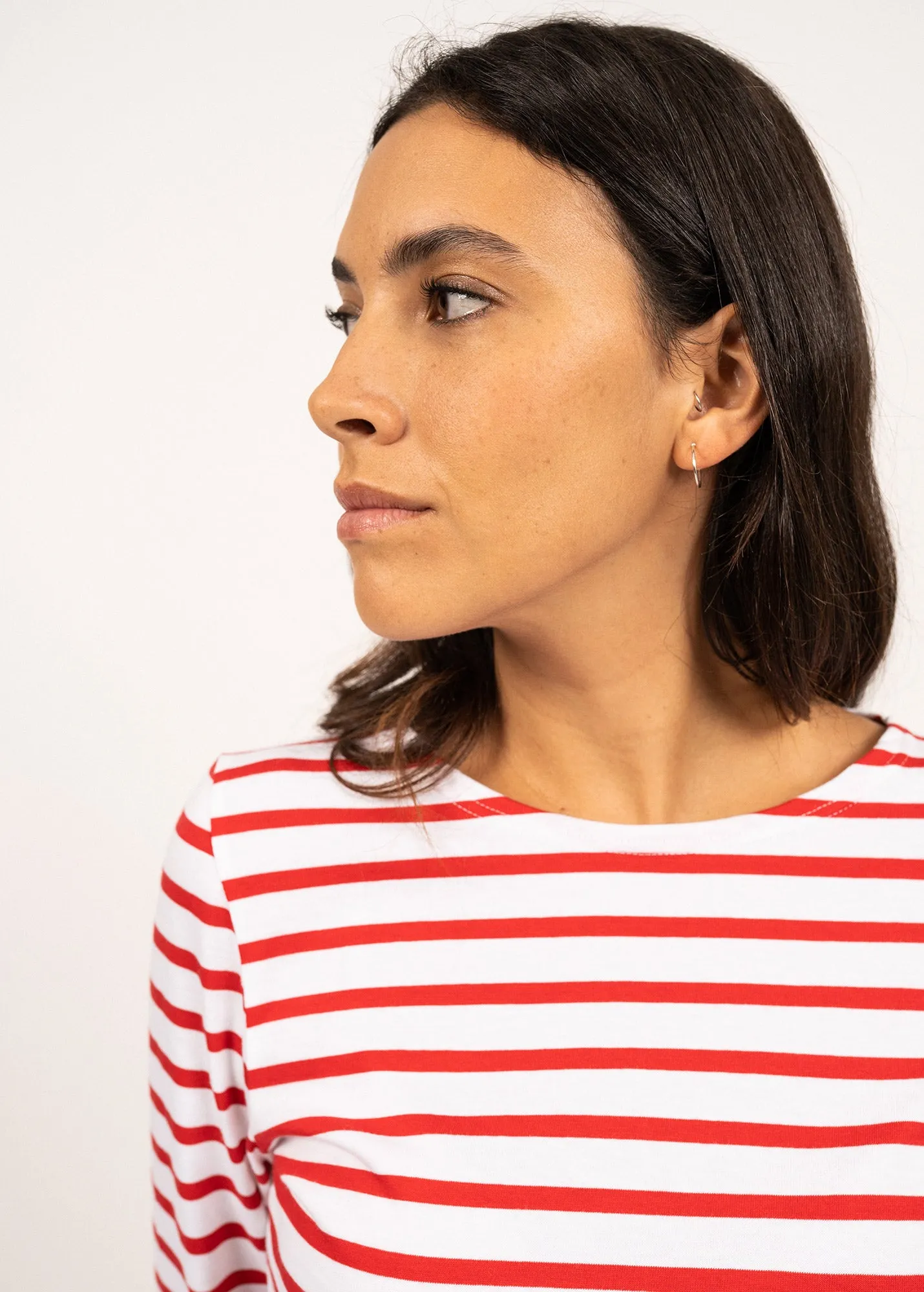 GALATHEE II - Breton Striped Top with ¾ Sleeve | Soft Cotton | Women Fit (WHITE / RED)