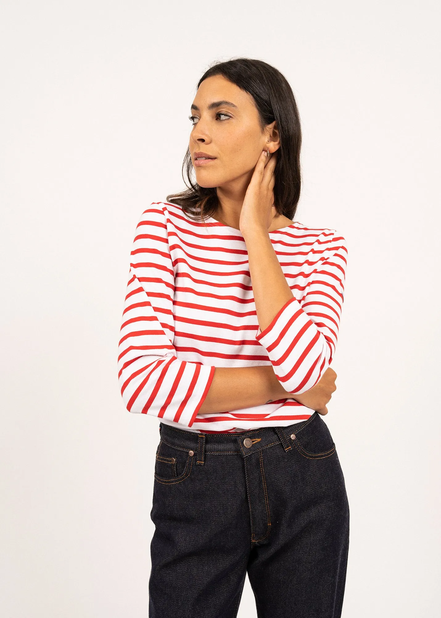 GALATHEE II - Breton Striped Top with ¾ Sleeve | Soft Cotton | Women Fit (WHITE / RED)