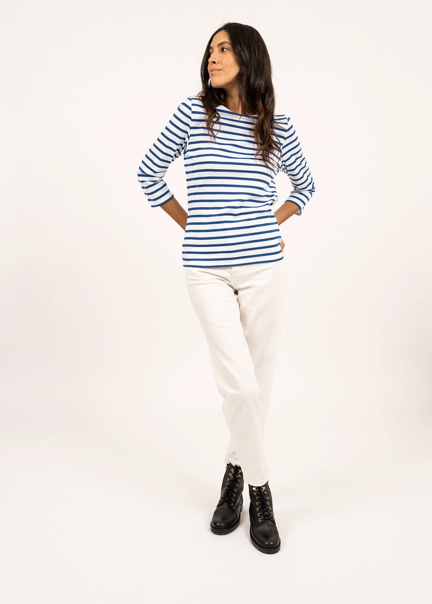 GALATHEE II - Breton Striped Top with ¾ Sleeve | Soft Cotton | Women Fit (WHITE / ROYAL BLUE)