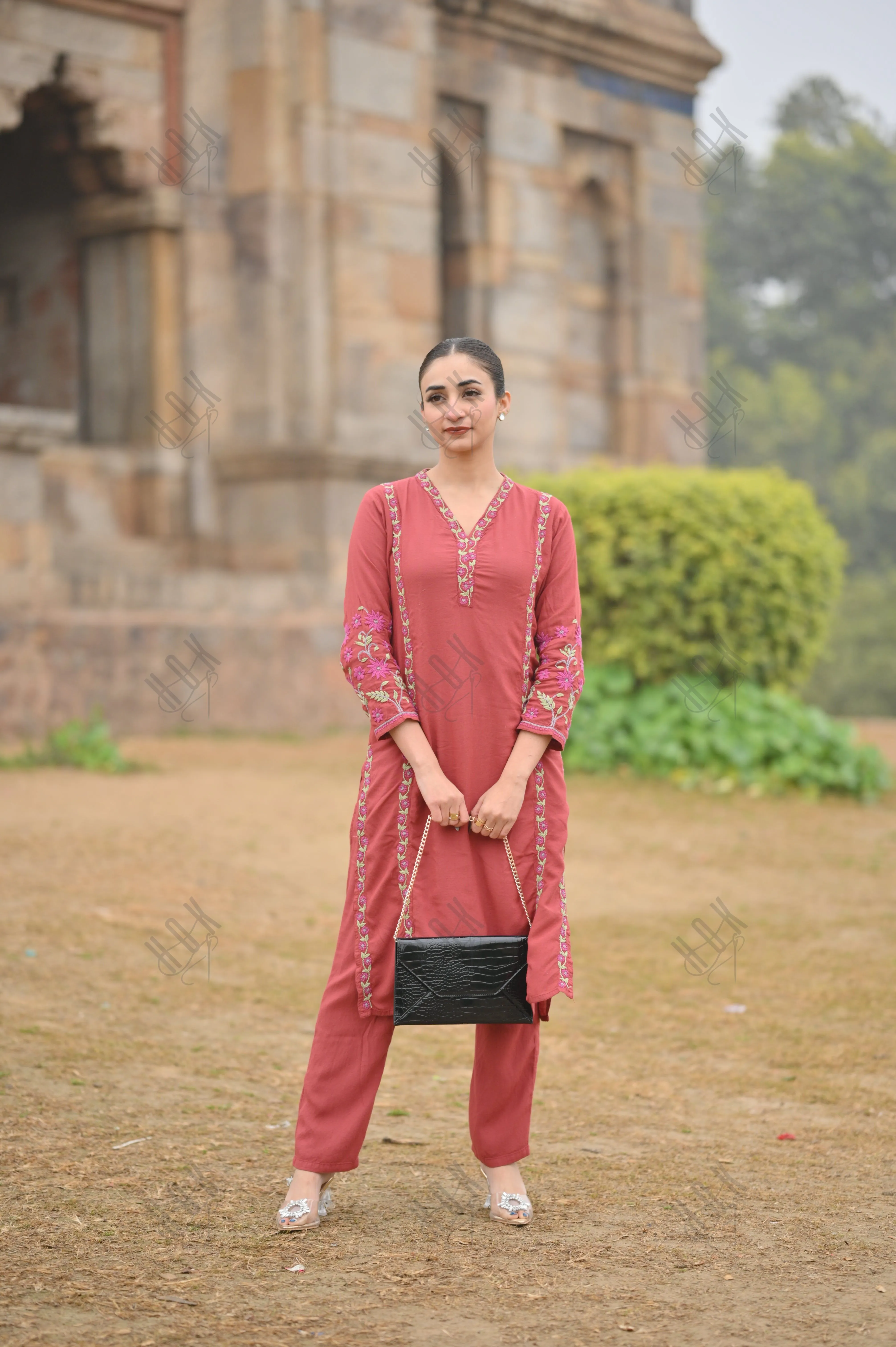 Gargi in Fizaa's Chikankari Cotton Silk Kurta Set for Women - Falu Red