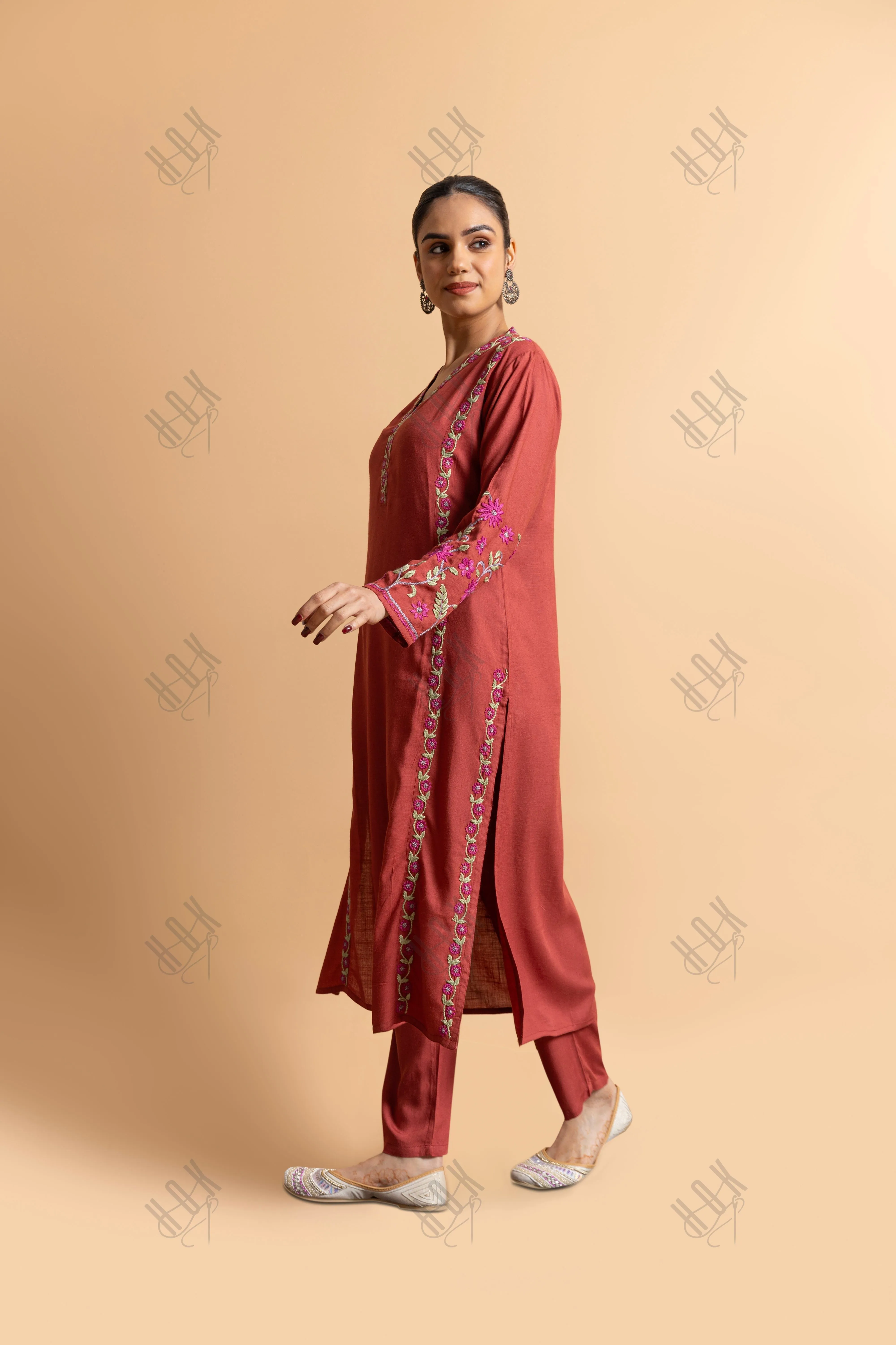 Gargi in Fizaa's Chikankari Cotton Silk Kurta Set for Women - Falu Red