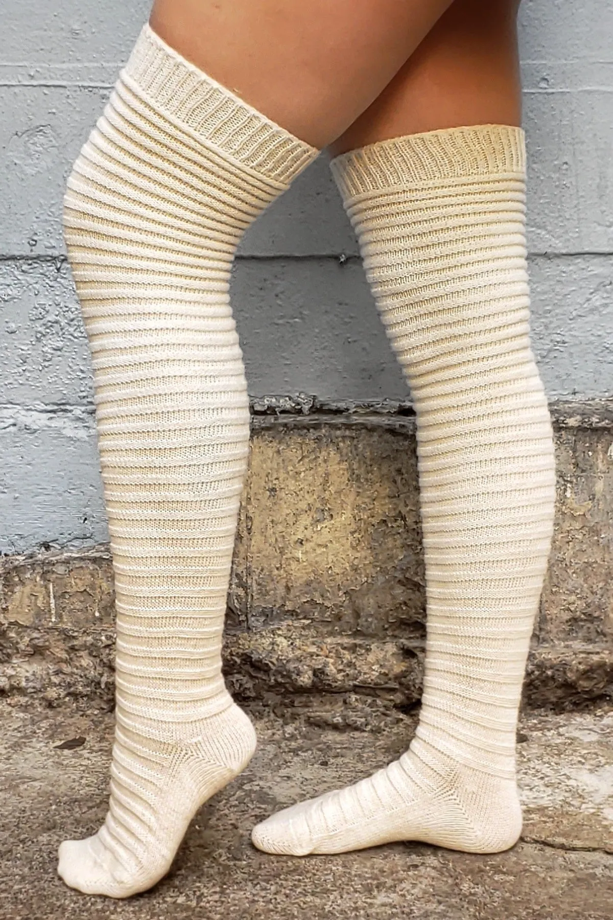 Horizontal Ribbed Cotton Socks - Cream