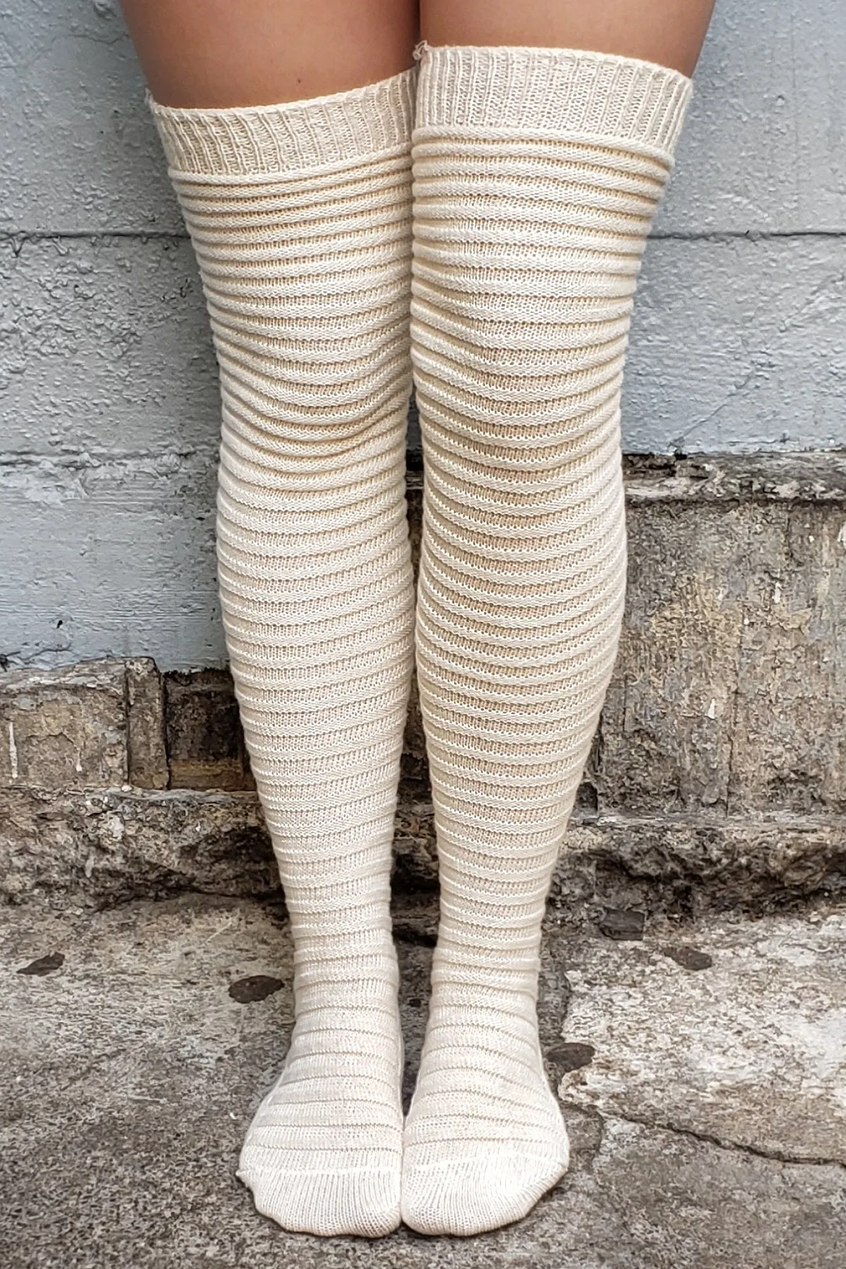 Horizontal Ribbed Cotton Socks - Cream