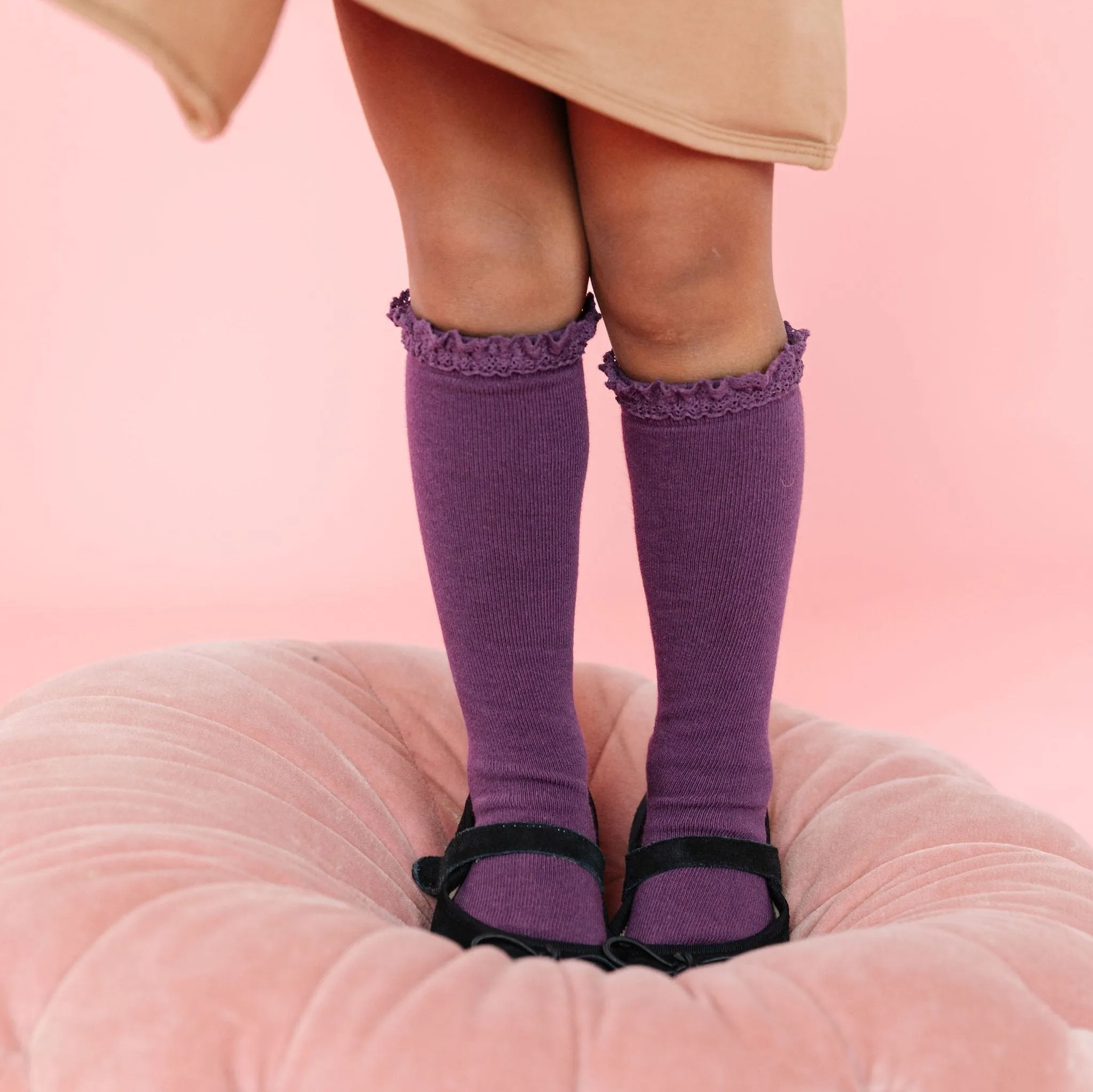 Lace Top Knee High Socks - Plum