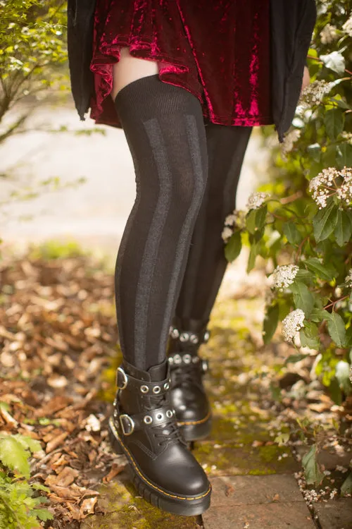 Longer Vertical Striped Thigh High - Black & Dark Charcoal