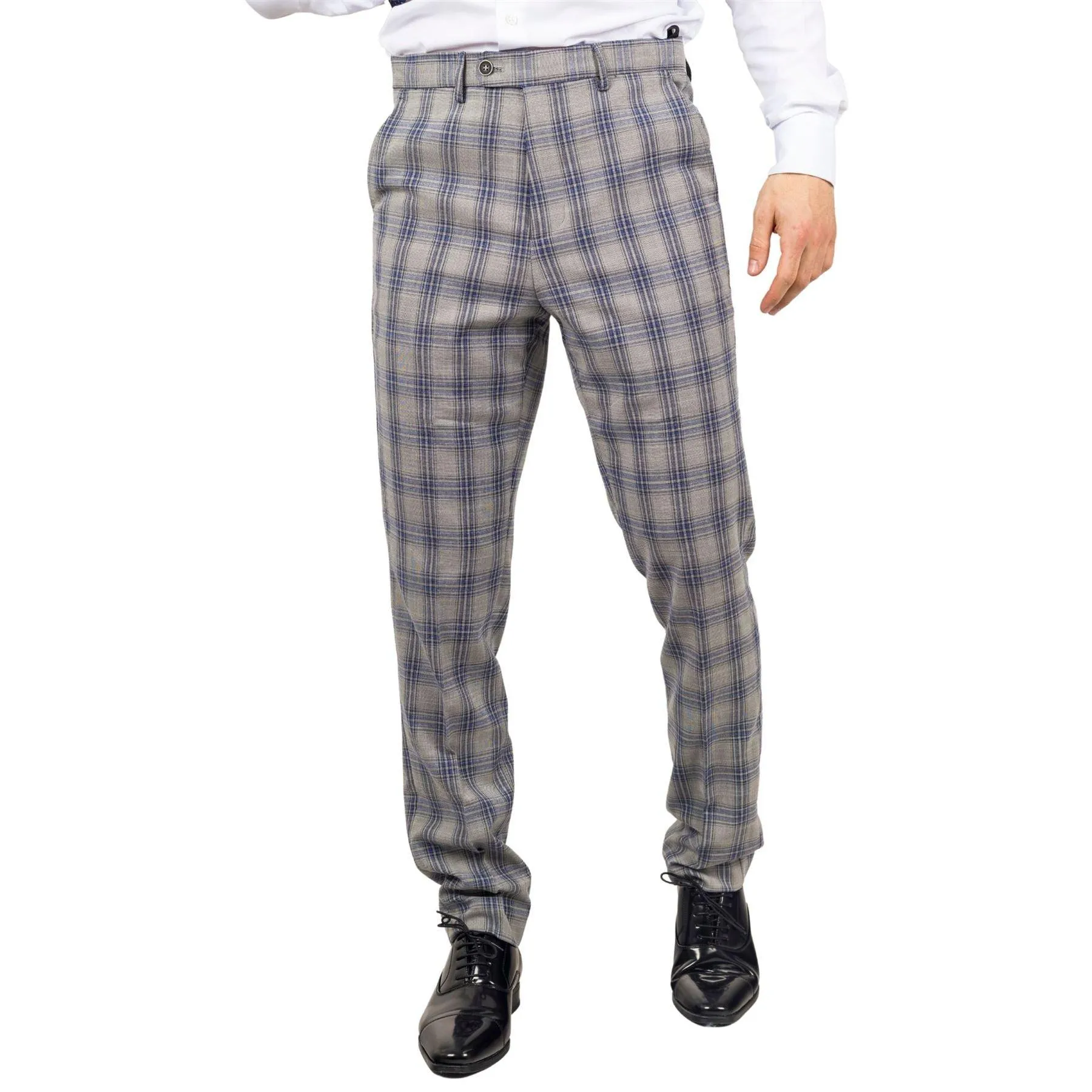 Men's Trousers Grey Blue Checked Casual Formal Pants