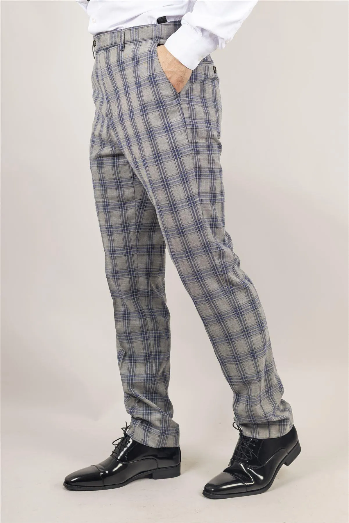 Men's Trousers Grey Blue Checked Casual Formal Pants