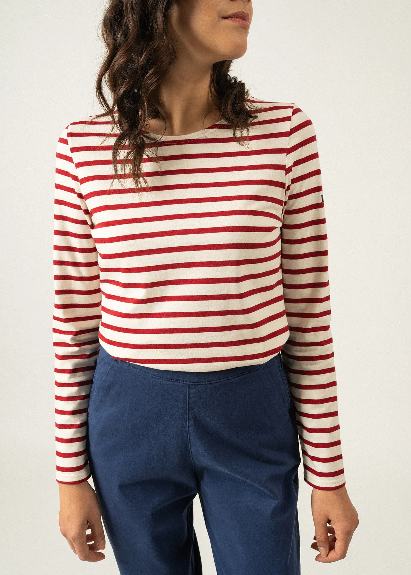 MINQUIDAME - Breton Striped Shirt with Long Sleeve | Soft Cotton | Women Fit (ECRU / MAROON)