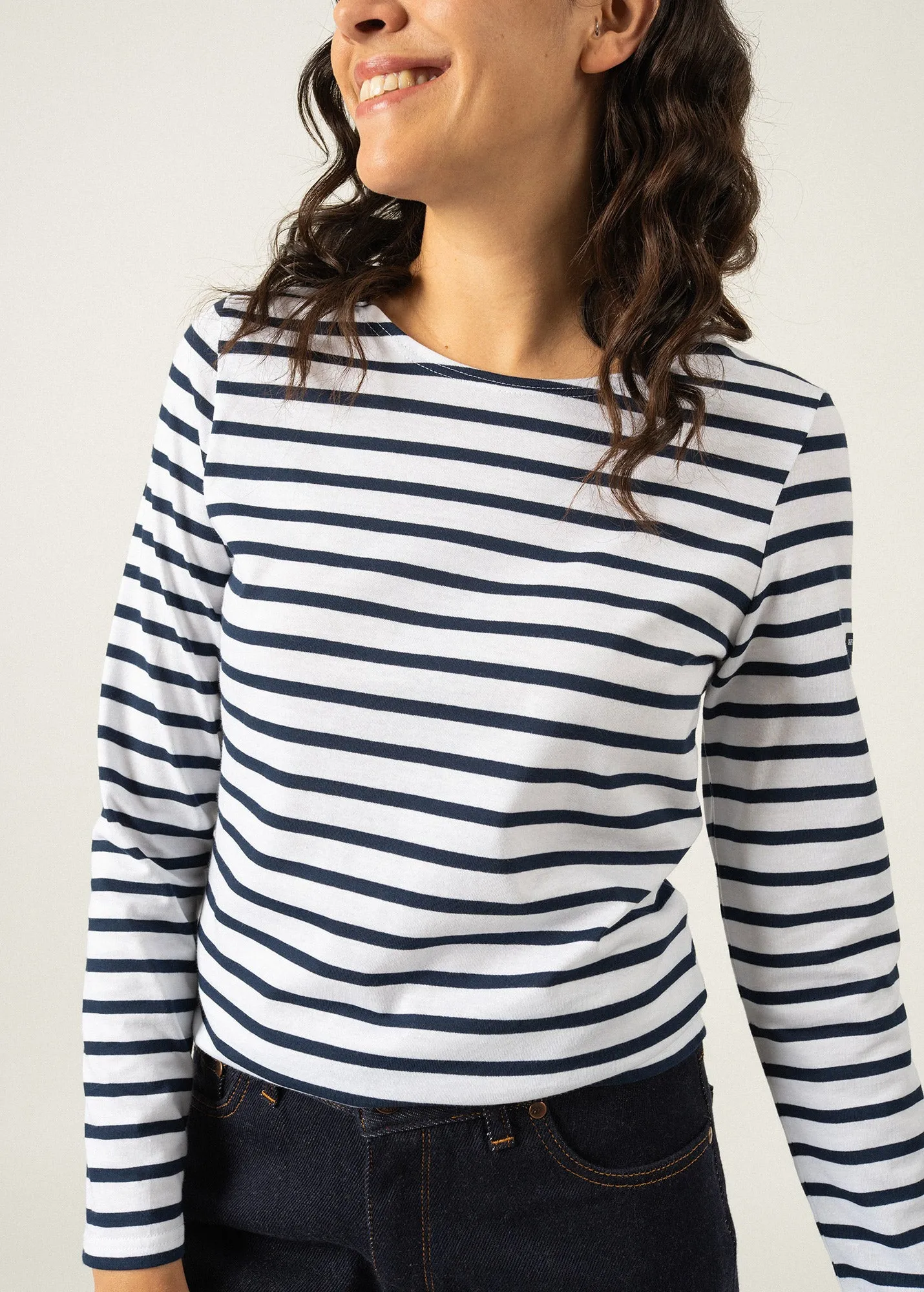 MINQUIDAME - Breton Striped Shirt with Long Sleeve | Soft Cotton | Women Fit (WHITE / NAVY)