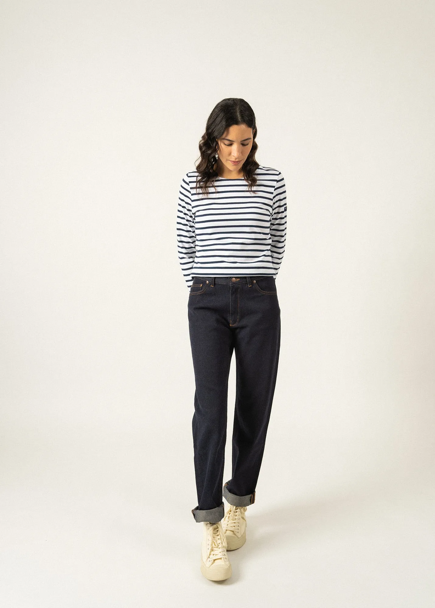 MINQUIDAME - Breton Striped Shirt with Long Sleeve | Soft Cotton | Women Fit (WHITE / NAVY)