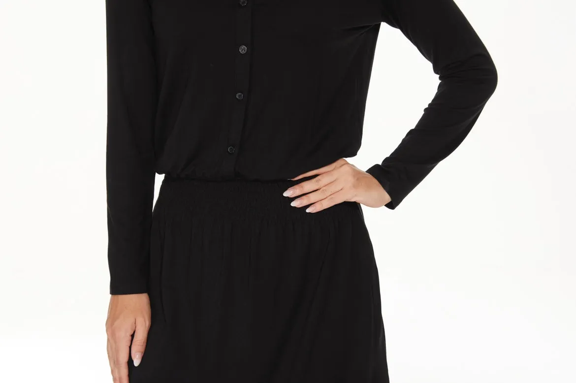 MM SMOCKED WAIST EVERYTHING DRESS LONG SLEEVES - BLACK