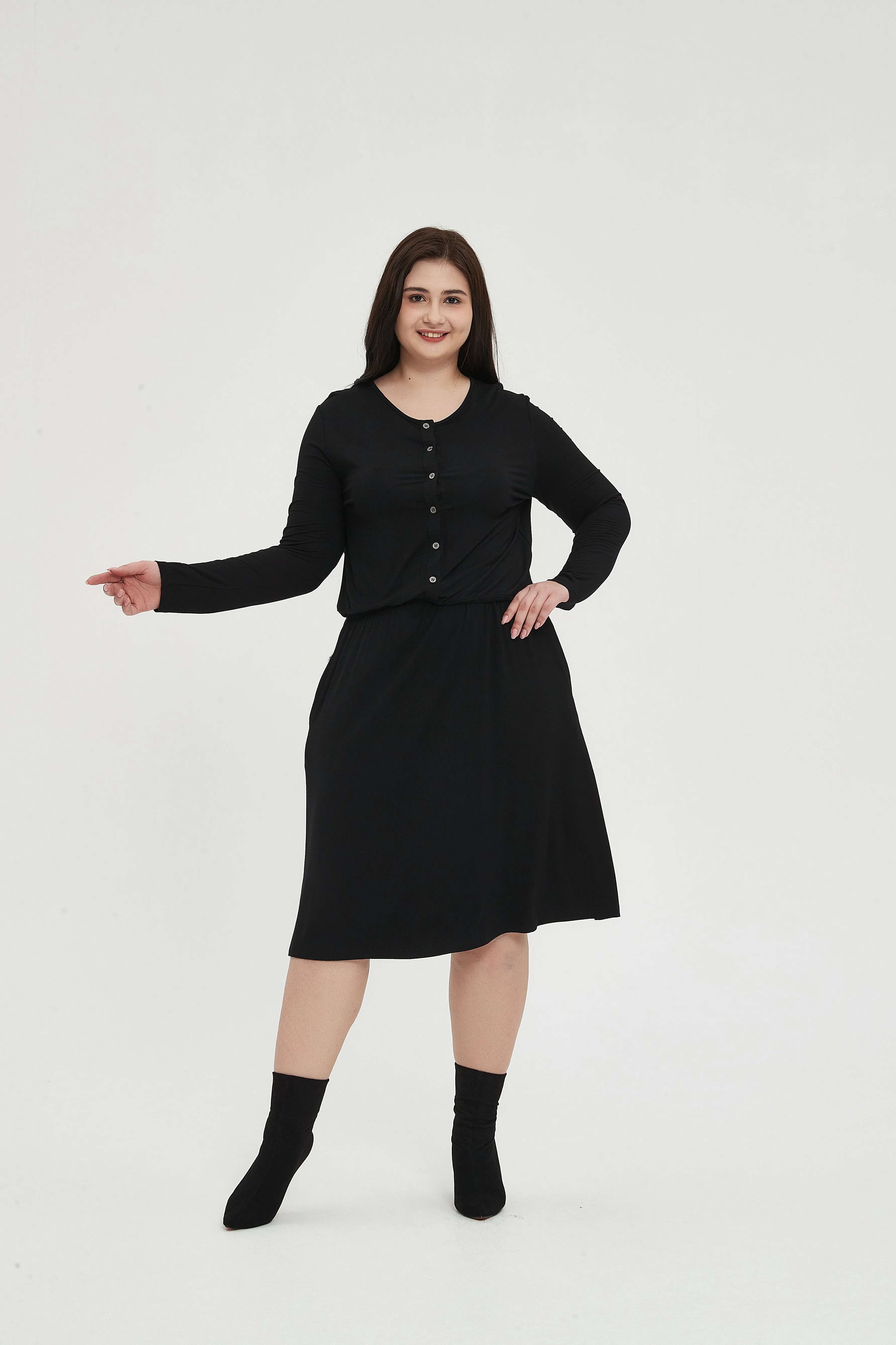 MM SMOCKED WAIST EVERYTHING DRESS LONG SLEEVES - BLACK