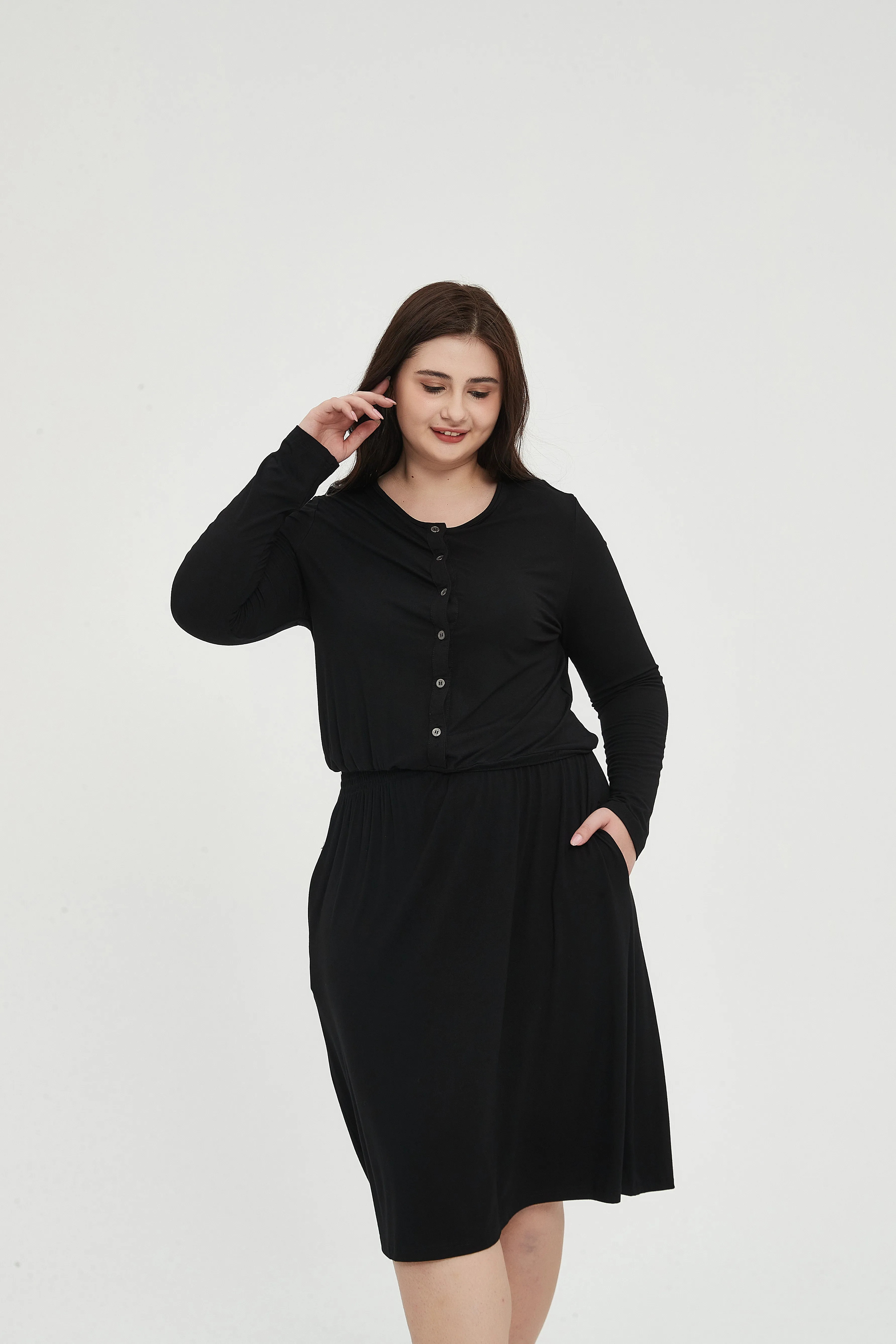 MM SMOCKED WAIST EVERYTHING DRESS LONG SLEEVES - BLACK