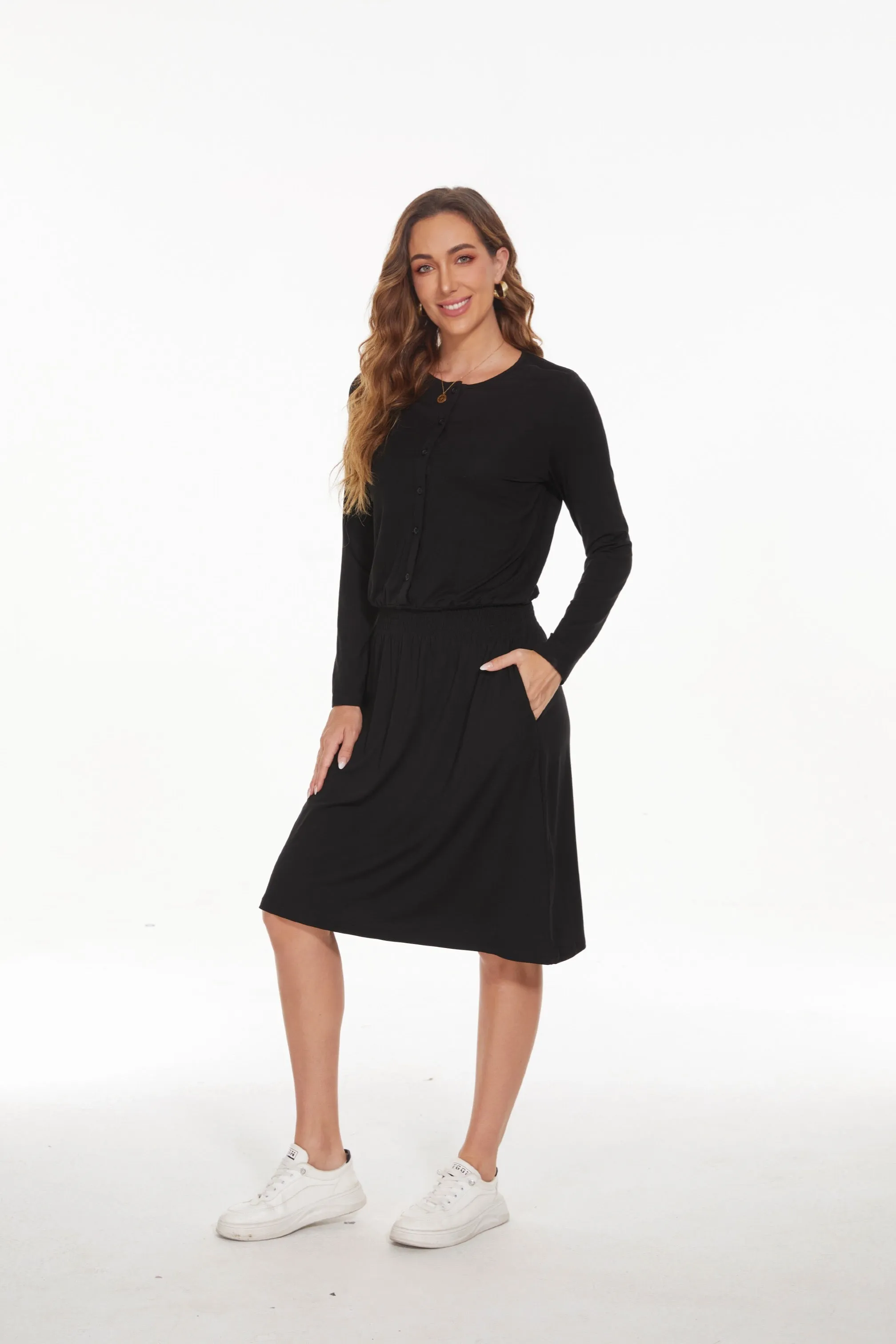 MM SMOCKED WAIST EVERYTHING DRESS LONG SLEEVES - BLACK