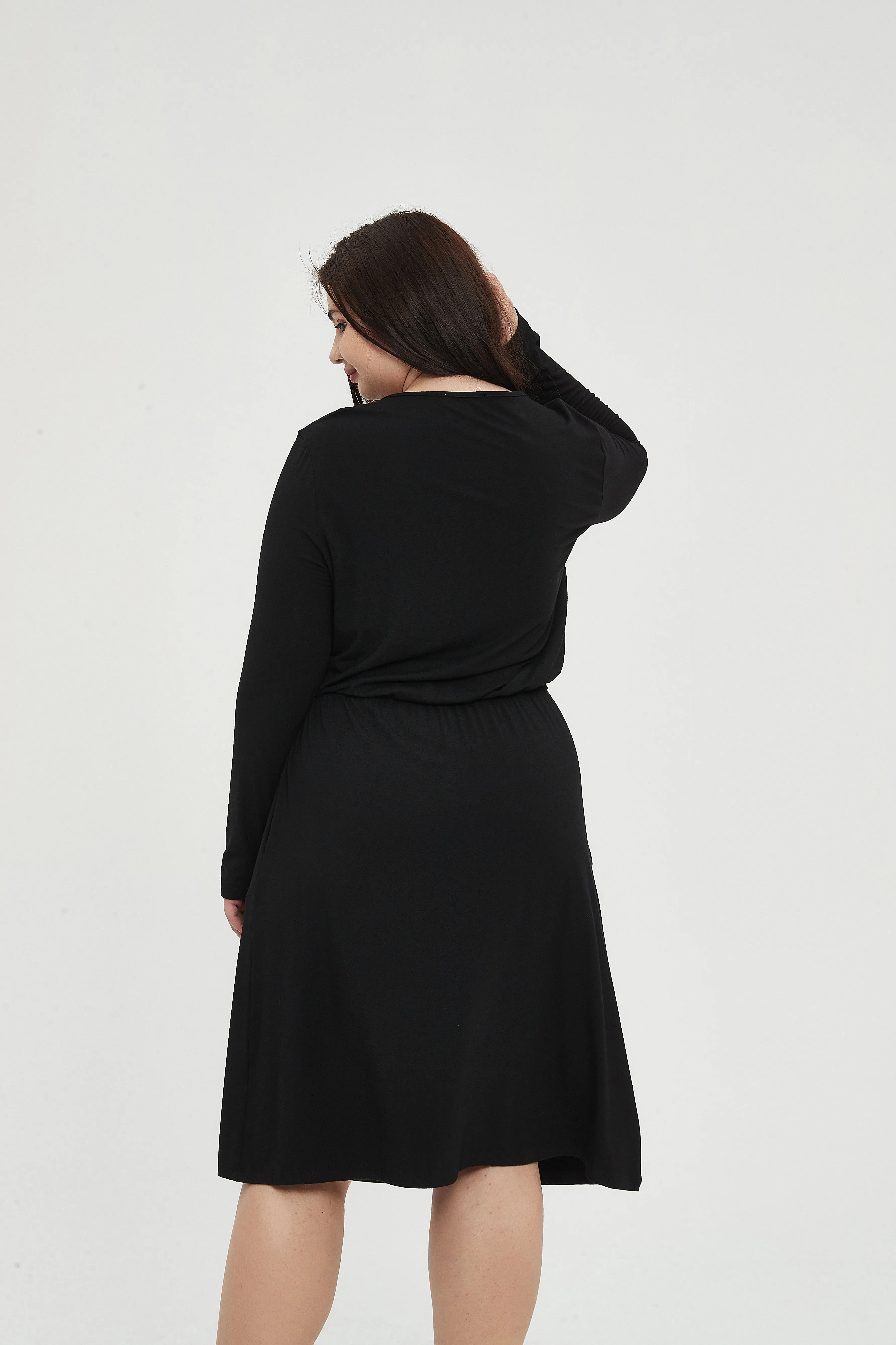 MM SMOCKED WAIST EVERYTHING DRESS LONG SLEEVES - BLACK