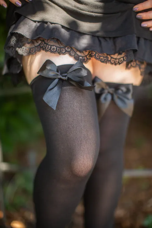 Opaque Thigh High Stockings with Bow