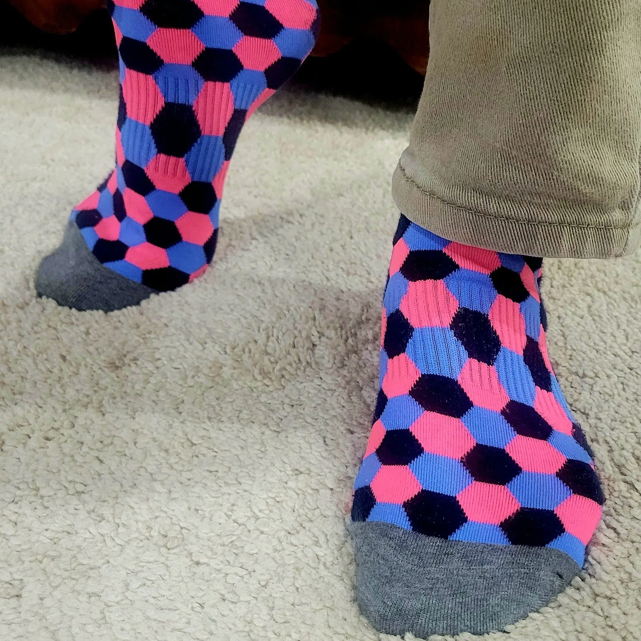 Pink, Blue and Black Hexagon Pattern Socks (Adult Large - Men's Shoe Sizes 8-12)