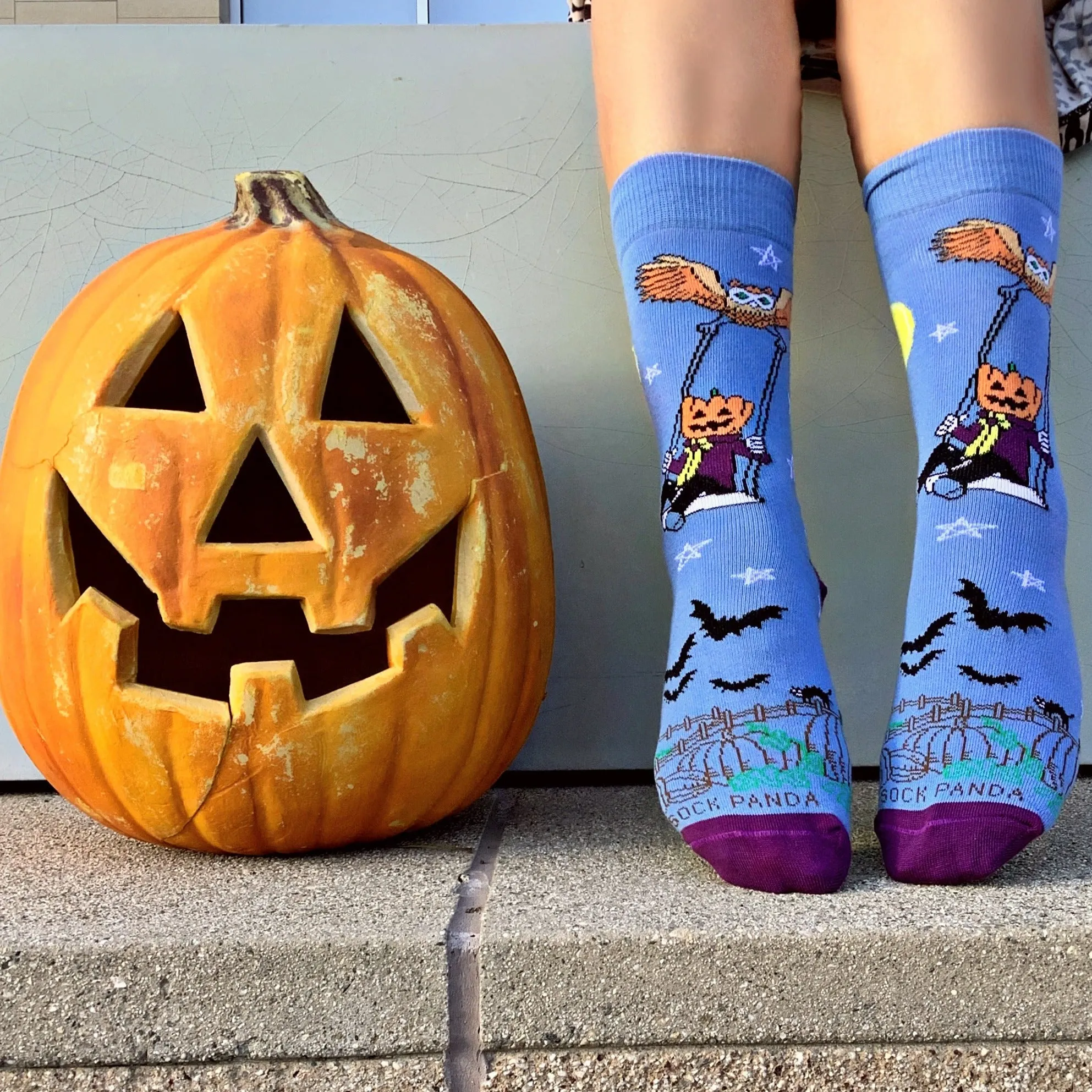 Pumpkin Head Swinging with an Owl by the Moon Socks (Adult Small -  Shoe Sizes 2-5)