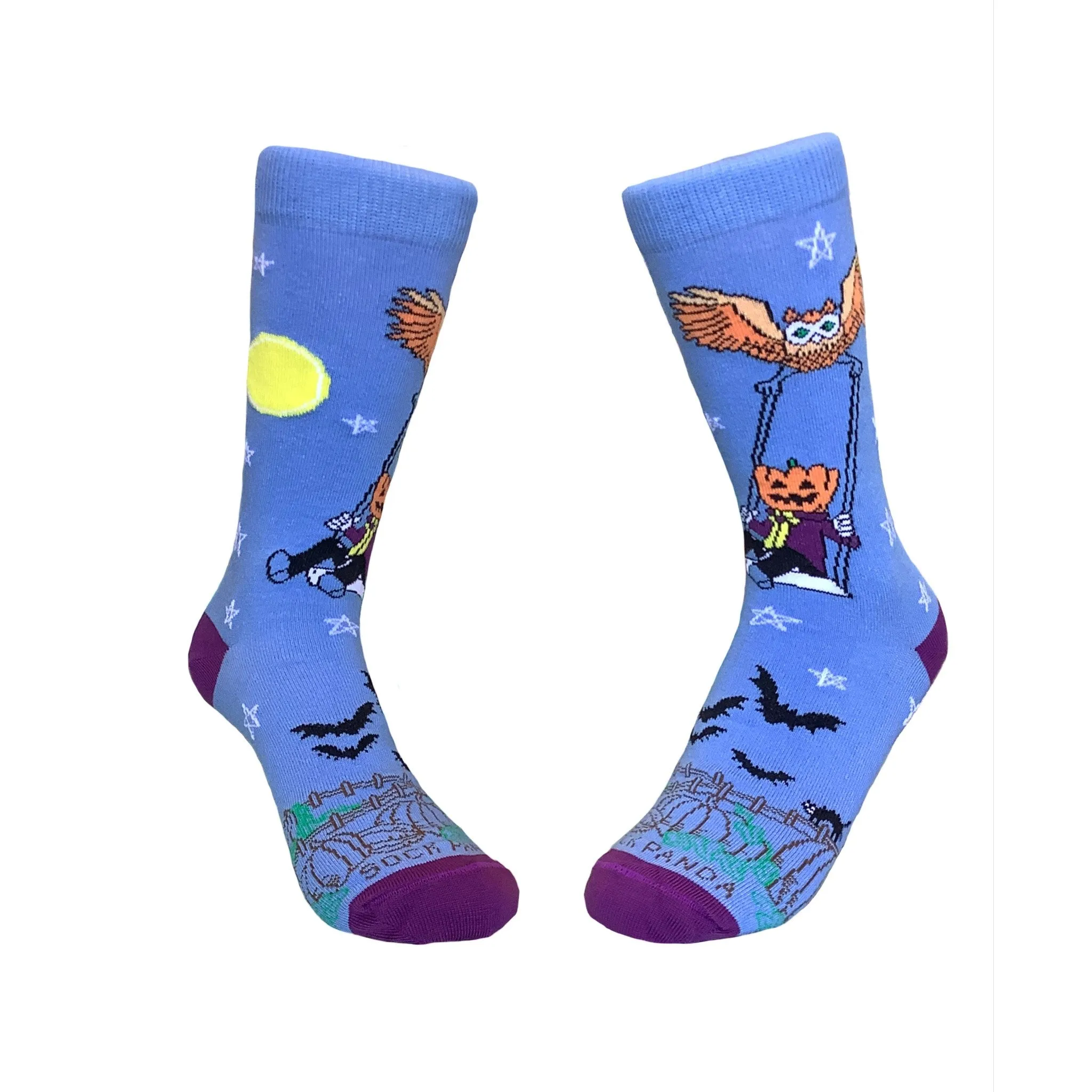 Pumpkin Head Swinging with an Owl by the Moon Socks (Adult Small -  Shoe Sizes 2-5)