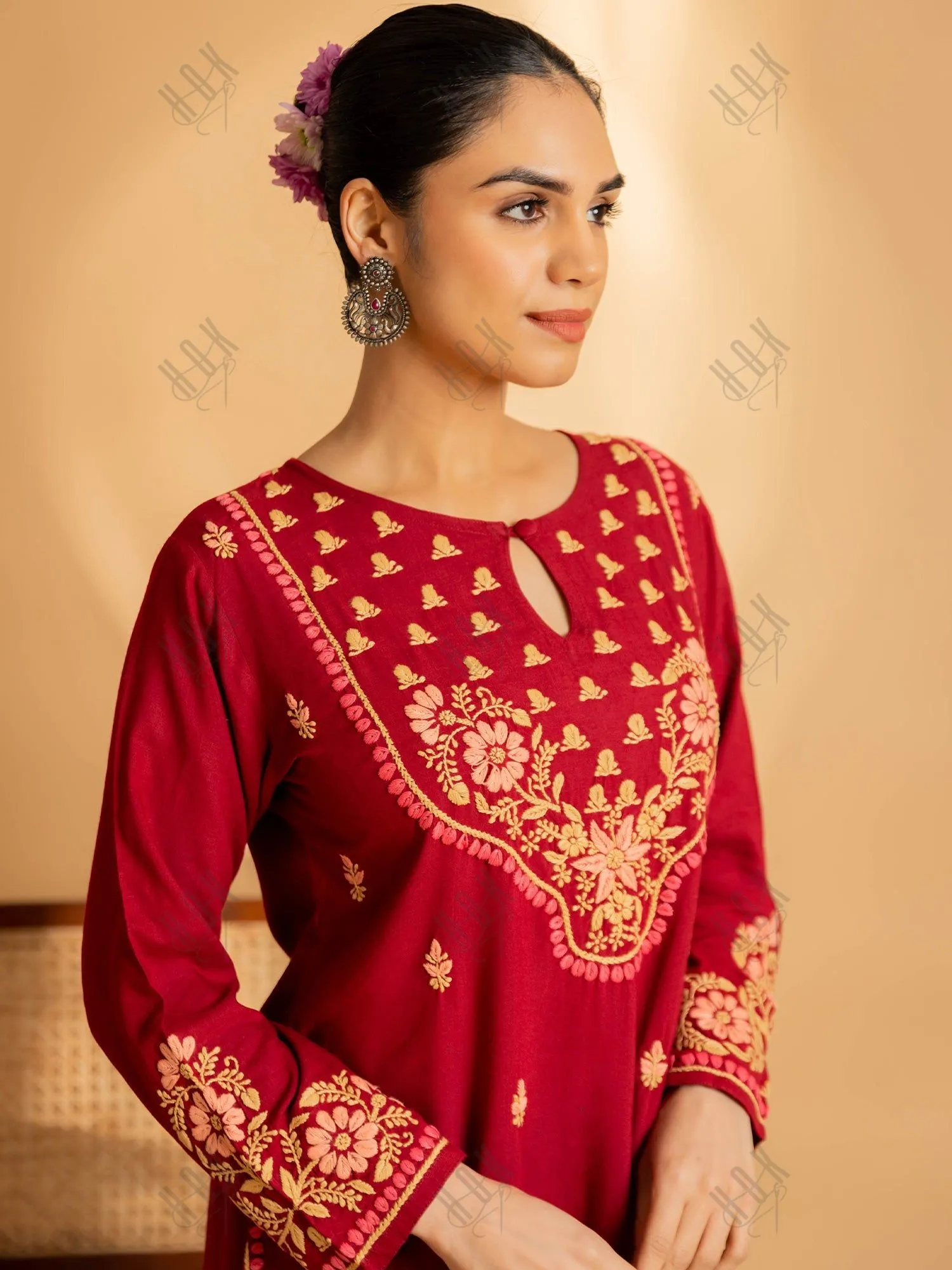 Saba Chikankari Cotton Silk Kurta Set for Women - Maroon