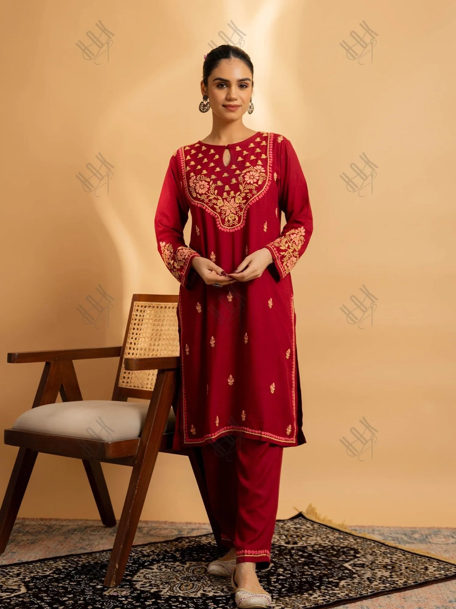 Saba Chikankari Cotton Silk Kurta Set for Women - Maroon