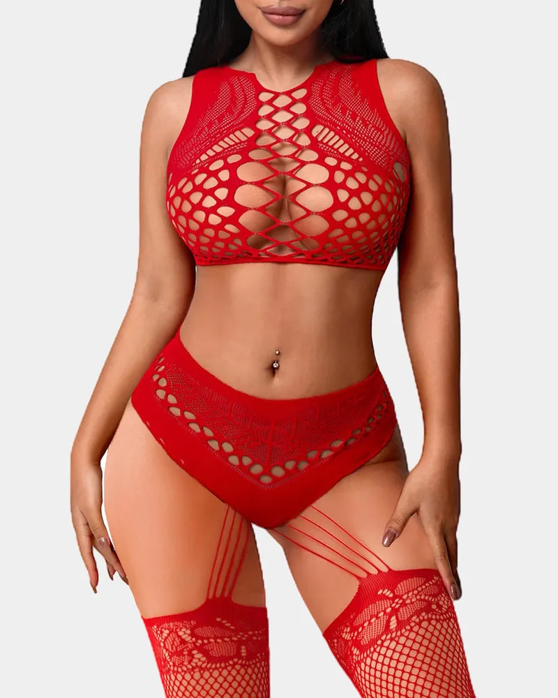 Two Piece Fishnet Lingerie Set with Stockings