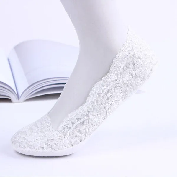 Women Breathable Lace Antiskid Silicone Invisible Boat Socks Low Cut Shallow Socks