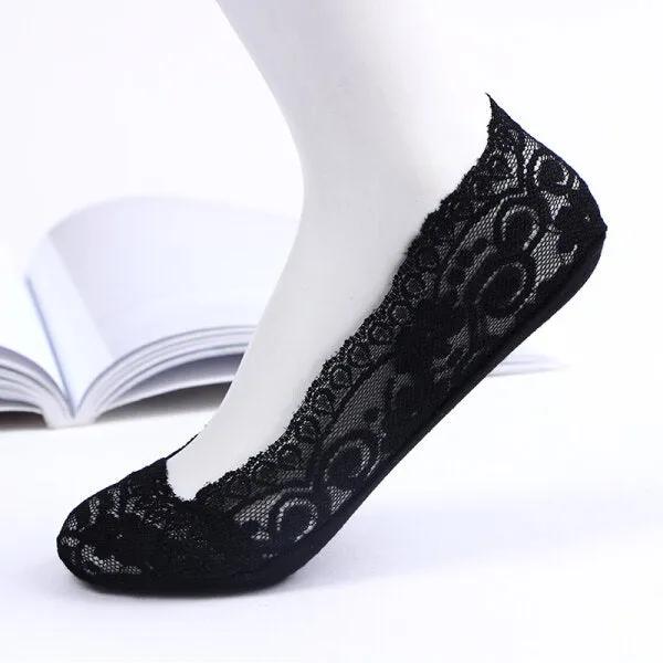 Women Breathable Lace Antiskid Silicone Invisible Boat Socks Low Cut Shallow Socks